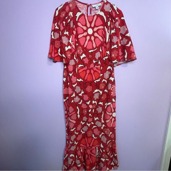 Rhode x Target Midi Dress Red Zinnia Print Boho Bell Sleeve Ruffle Casual Size 8 - Picture 2 of 12